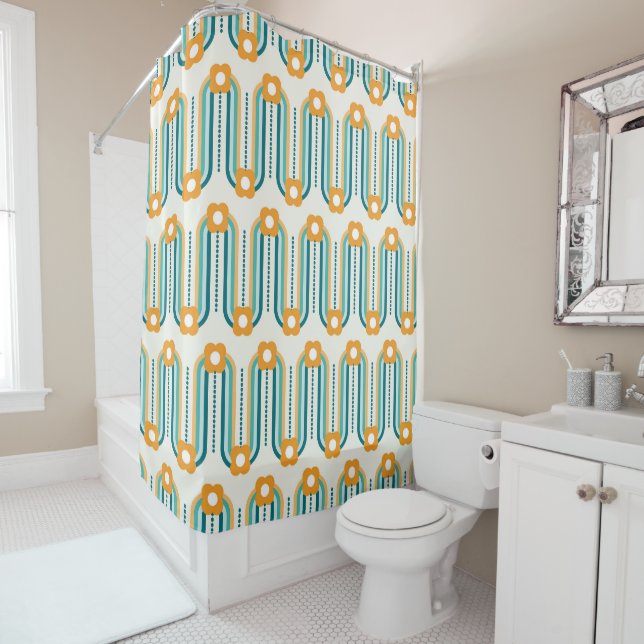 Retro Waves and Flowers, Teal, Aqua, Orange Shower Curtain (In Situ)