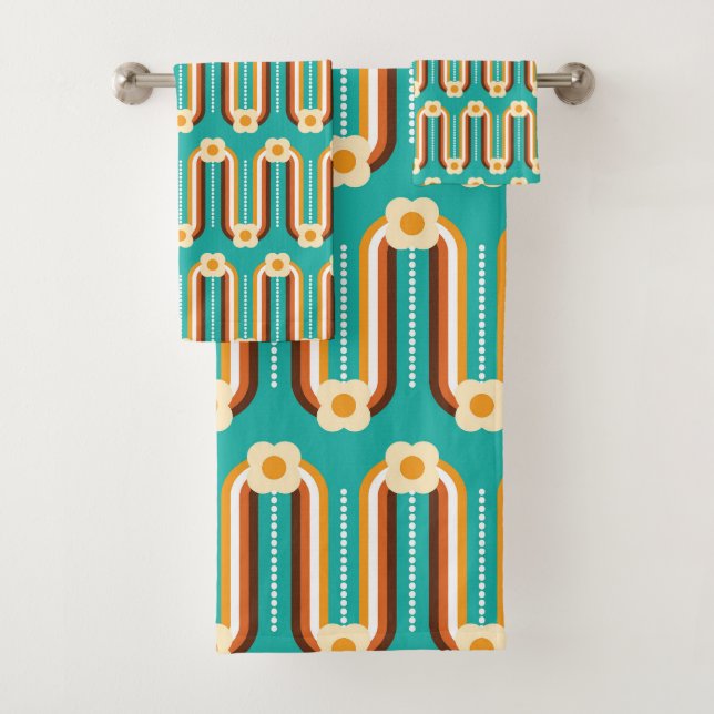 Retro Waves and Flowers, Teal, Orange, Chocolate Bath Towel Set (Insitu)