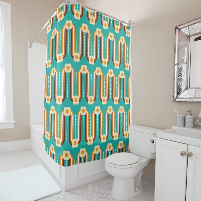 Retro Waves and Flowers, Teal, Orange, Chocolate Shower Curtain (In Situ)
