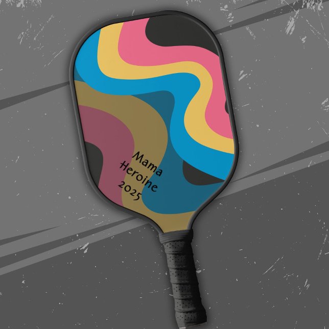 Retro Waves in Pink Yellow Blue with Your Text Pickleball Paddle (Creator Uploaded)