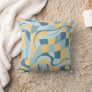 Retro Wavy Baby Blue Butter Yellow Chequered Cushion