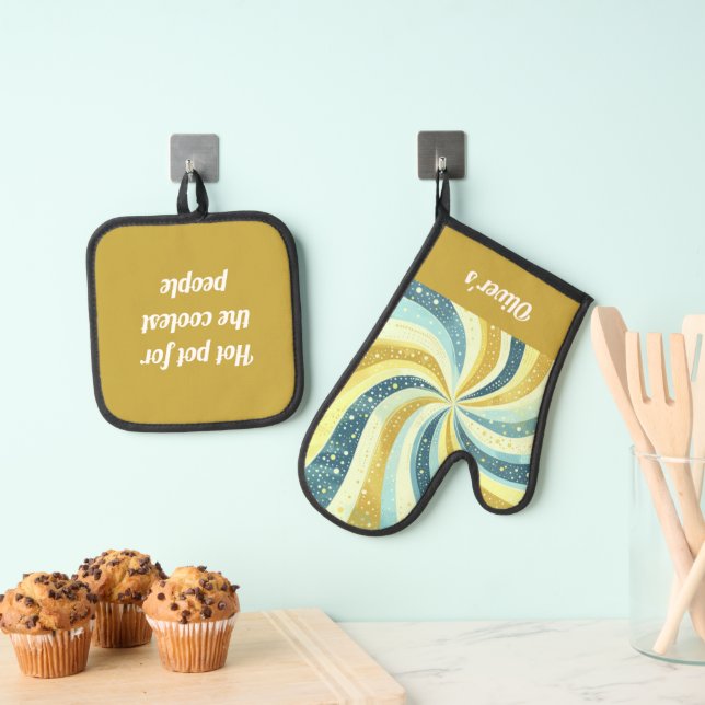 Retro Wavy Blue And Golden Colour Pattern Oven Mitt & Pot Holder Set (Insitu(Hanging))