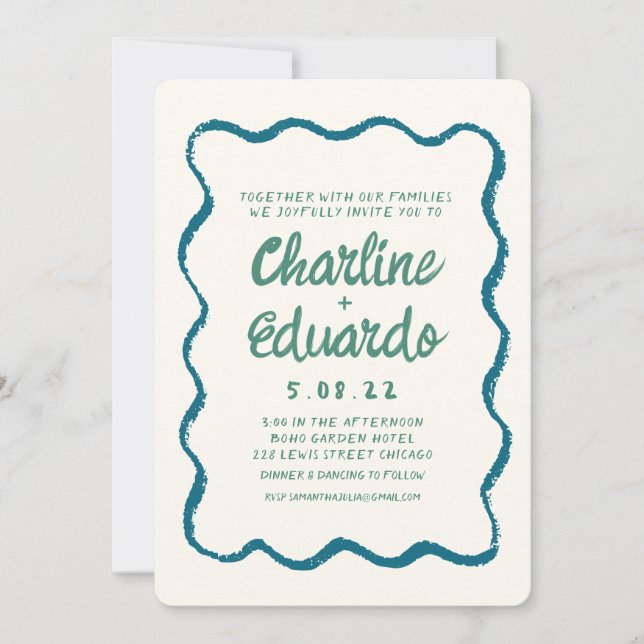Retro Wavy Blue and Green Handwriting Wedding  Invitation (Front)