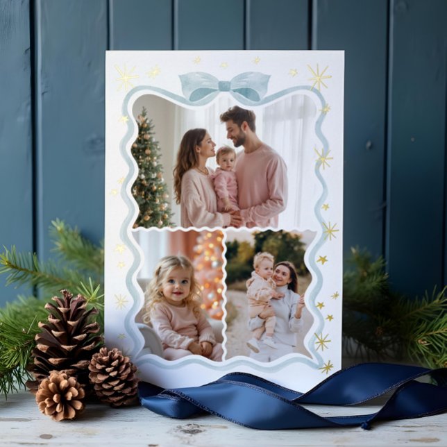 Retro Wavy Blue Bow Ribbon & Stars Photos Collage (Retro Wavy Blue Bow Ribbon & Stars Photos Collage Foil Holiday Card)