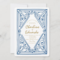 Retro Wavy Blue Lace Wedding Invitation