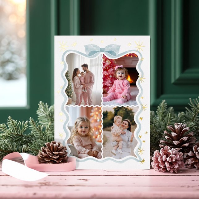 Retro Wavy Blue Ribbon & Stars Photos Collage (Retro Wavy Blue Ribbon & Stars Photos Collage Foil Holiday Card)
