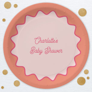 Retro Wavy Border Pink Orange Curve Baby Shower Paper Plate