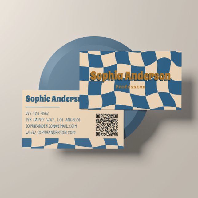 Retro Wavy Chequerboard Funky Blue Beige  Business Card (Creator Uploaded)