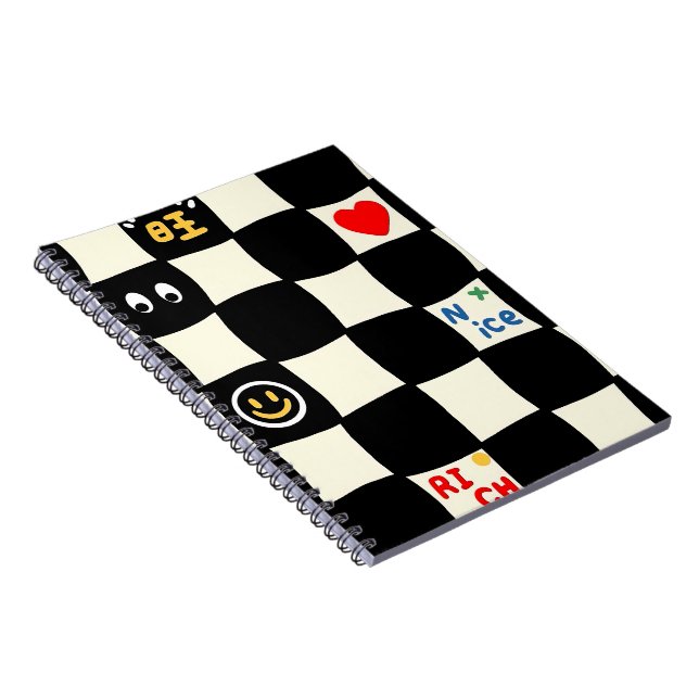 Retro Wavy Chequerboard Pattern with Doodle Icons Notebook (Right Side)
