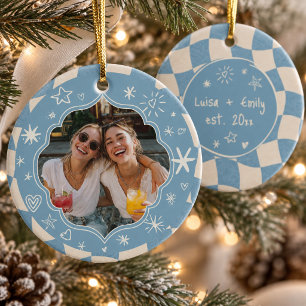 Retro Wavy Chequered Best Friends Bestie Photo Ceramic Tree Decoration