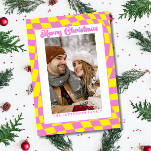 Retro Wavy Chequered Pink Yellow Photo Christmas  Holiday Card