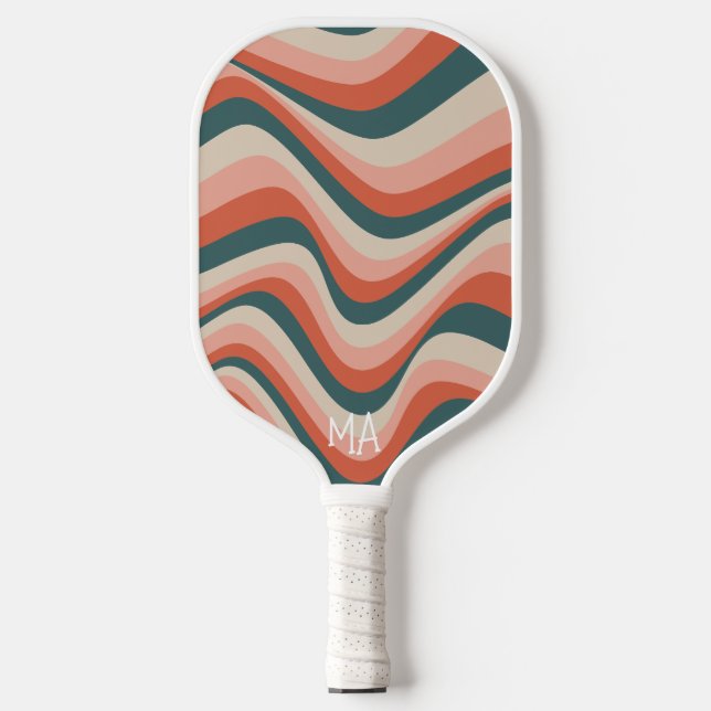 Retro Wavy Colourful Stripe Groovy Pattern Monogra Pickleball Paddle (Front)
