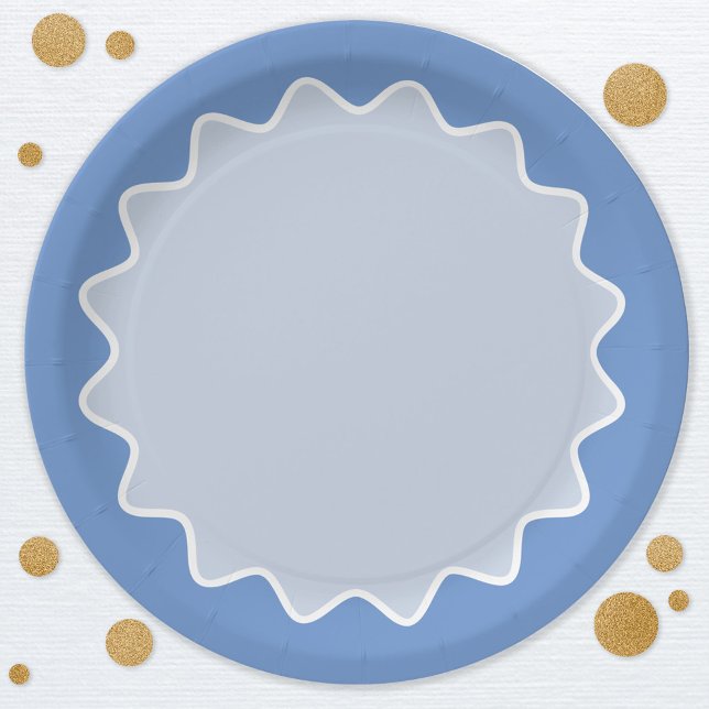 Retro Wavy Curve Border Blue Paper Plate (Retro modern blue wavy curve border party paper plates)