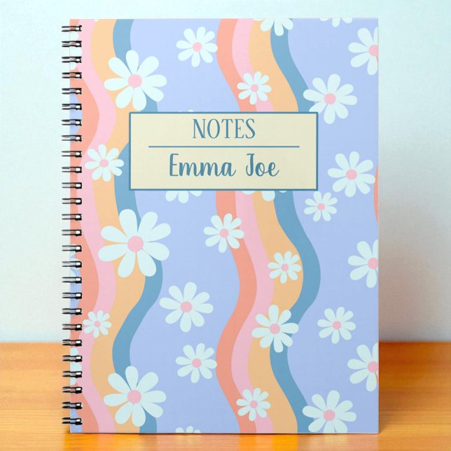 Retro Wavy Daisy Flowers Personalised with Name Notebook (Creator Uploaded)