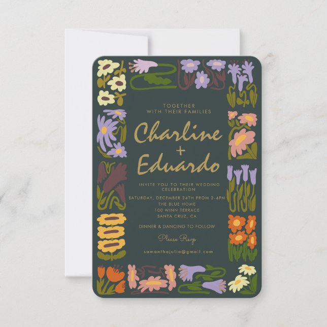 Retro Wavy Floral Colourful  Wedding  Invitation (Front)