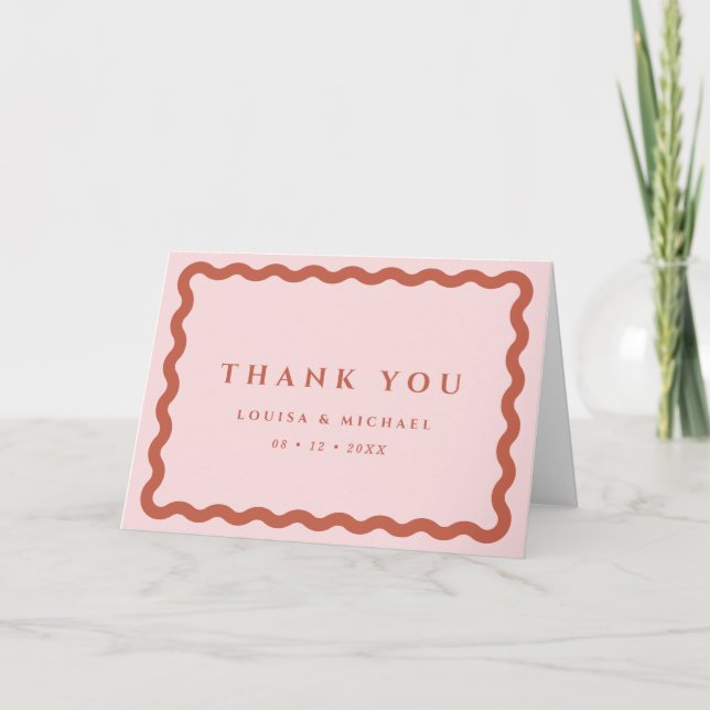 Retro Wavy Frame Blush & Terracotta Wedding Thank You Card (Front)