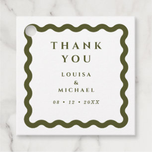 Retro Wavy Frame Green & White Wedding Favour Tags