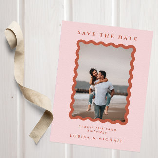 Retro Wavy Frame Photo Blush & Terracotta Wedding Save The Date