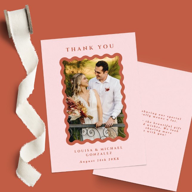 Retro Wavy Frame Photo Blush & Terracotta Wedding Thank You Card (Creator Uploaded)