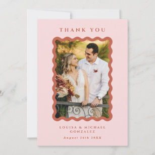 Retro Wavy Frame Photo Blush & Terracotta Wedding Thank You Card