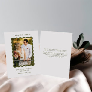Retro Wavy Frame Photo Green & White Wedding Thank You Card