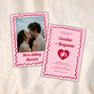 Retro Wavy Frame Red Pink Cupid Heart Wedding Invitation