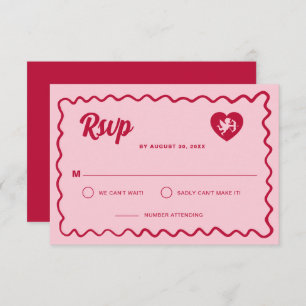 Retro Wavy Frame Red Pink Cupid Heart Wedding RSVP Card