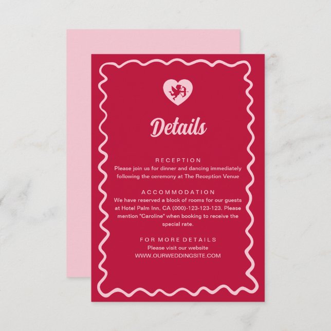 Retro Wavy Frame Red Pink Cupid Wedding Details Enclosure Card (Front/Back)