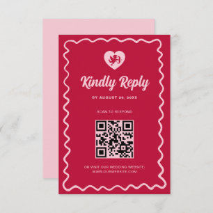 Retro Wavy Frame Red Pink Cupid Wedding QR Code RSVP Card