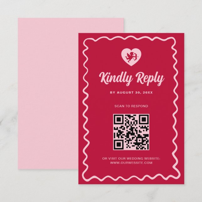 Retro Wavy Frame Red Pink Cupid Wedding QR Code RSVP Card (Front/Back)
