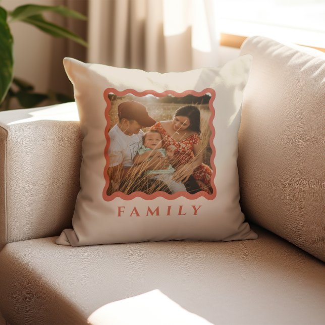 Retro Wavy Frame Terracotta Family Photo Cushion (Creator Uploaded)
