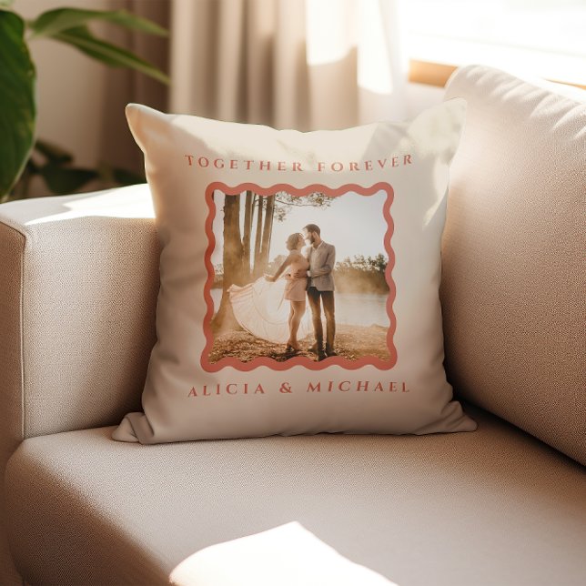 Retro Wavy Frame Terracotta Newly Weds Photo Cushion (Creator Uploaded)