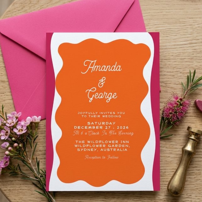 Retro Wavy Frame Whimsical Simple Classic Wedding Invitation (Creator Uploaded)