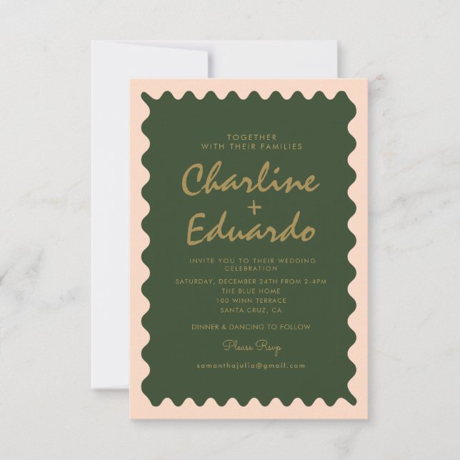 Retro Wavy Green Peach Pastel  Wedding  Invitation (Front)