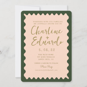 Retro Wavy Green Peachy Golden Wedding Invitation