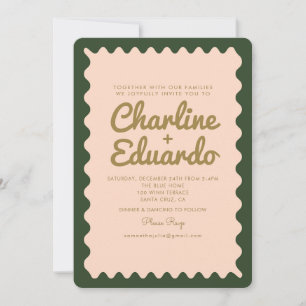Retro Wavy Groovy Green Pink Wedding Invitation