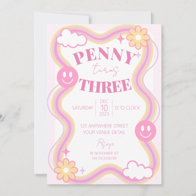 Retro Wavy Kids Girls Birthday Party Invitation  (Front)