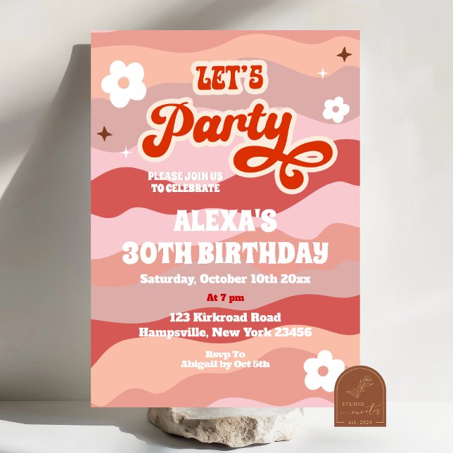 Retro Wavy Let's Party Adult Birthday Invitation (Creator Uploaded)