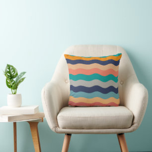 Retro Wavy Lines - Blue Turquoise Orange Cushion