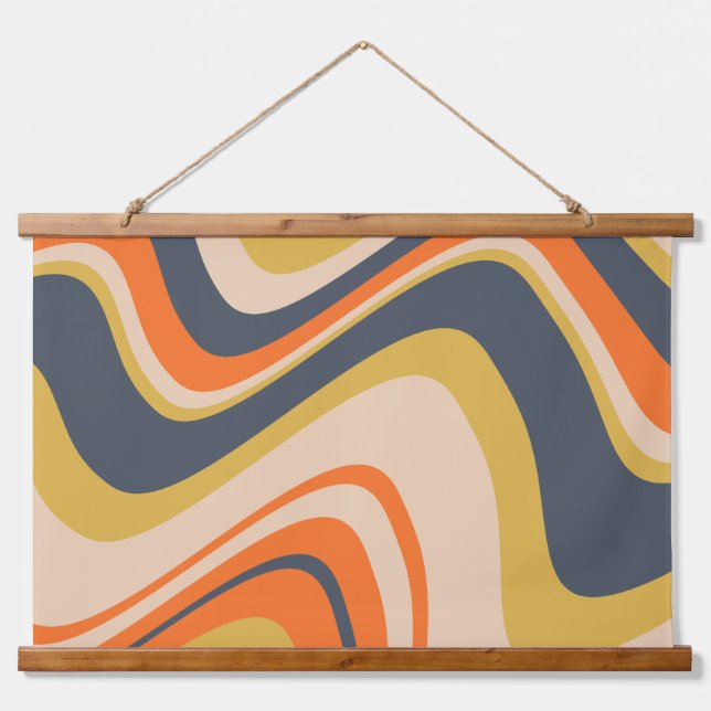 Retro Wavy Lines - Orange, Navy, Yellow, Beige Hanging Tapestry (Front)