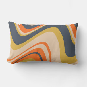 Retro Wavy Lines - Orange, Navy, Yellow, Beige Lumbar Cushion