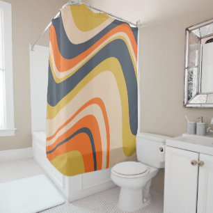 Retro Wavy Lines - Orange, Navy, Yellow, Beige Shower Curtain