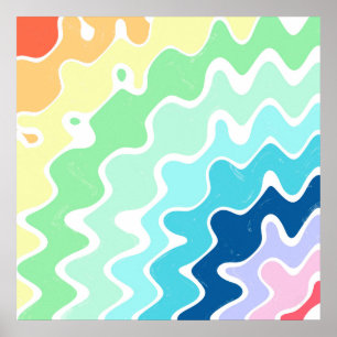 Retro Wavy Lines Pastel Rainbow Colours Pattern Poster
