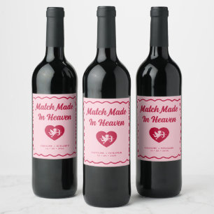 Retro Wavy Match Made In Heaven Cupid Wedding Wine Label
