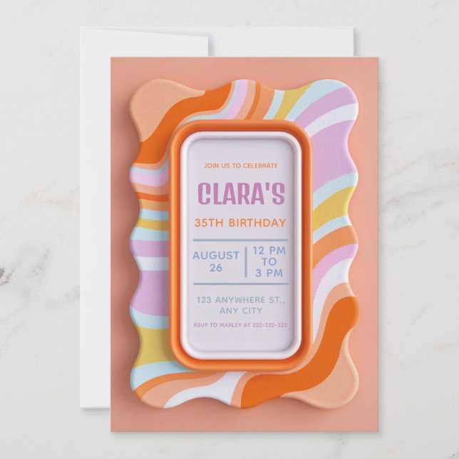 Retro Wavy Pastel 3D Gummy Frame Birthday Invitation (Front)