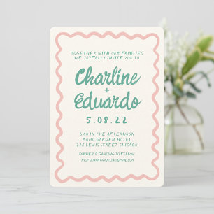 Retro Wavy Pink and Green Handwriting Wedding  Invitation