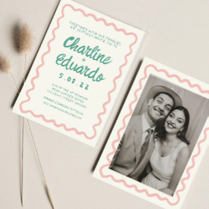 Retro Wavy Pink and Green Handwriting Wedding  Invitation