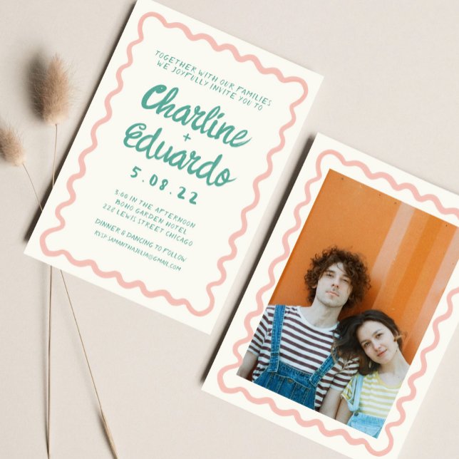 Retro Wavy Pink and Green Handwriting Wedding  Invitation (Creator Uploaded)