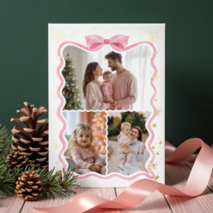 Retro Wavy Pink Bow Ribbon & Stars Photos Collage