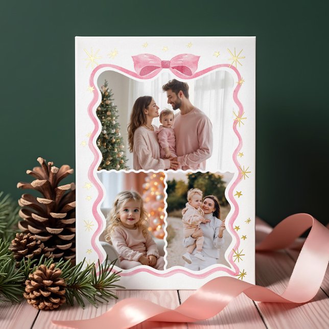 Retro Wavy Pink Bow Ribbon & Stars Photos Collage (Retro Wavy Pink Bow Ribbon & Stars Photos Collage Foil Holiday Card)